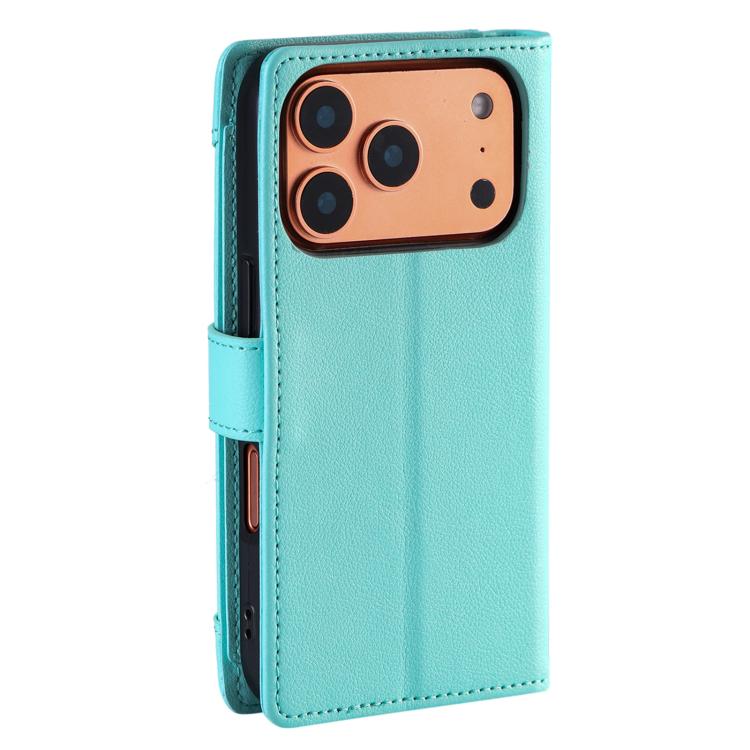 For iPhone 17 Pro Litchi Texture Zipper Wallet Buckle Vegan Leather Phone Case with Wrist Strap