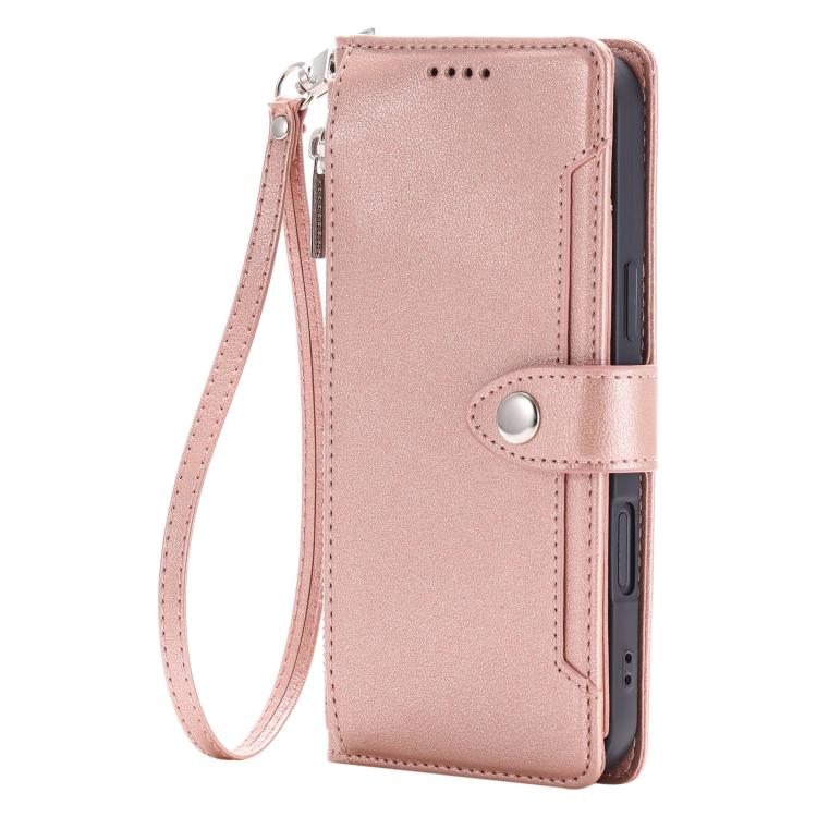 For iPhone 17 Pro Litchi Texture Zipper Wallet Buckle Vegan Leather Phone Case with Wrist Strap