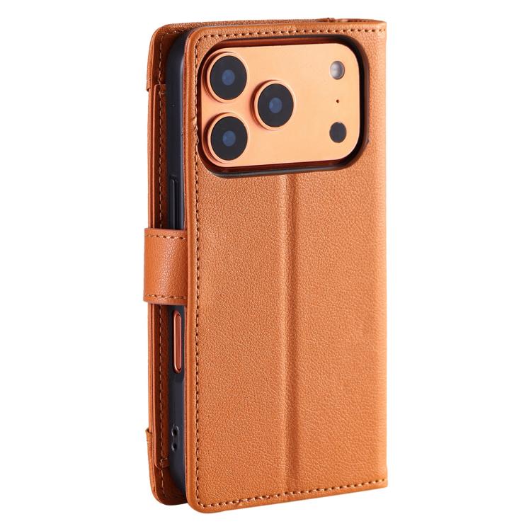 For iPhone 17 Pro Litchi Texture Zipper Wallet Buckle Vegan Leather Phone Case with Wrist Strap