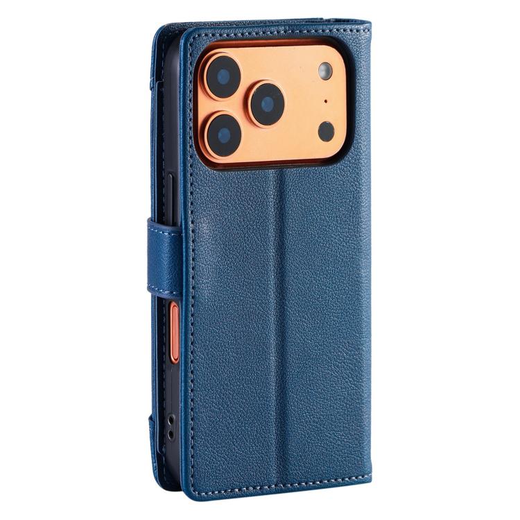 For iPhone 17 Pro Litchi Texture Zipper Wallet Buckle Vegan Leather Phone Case with Wrist Strap