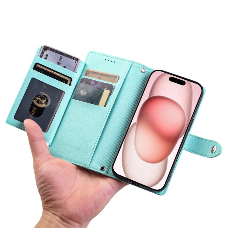 For iPhone 17 Litchi Texture Zipper Wallet Buckle Vegan Leather Phone Case with Wrist Strap