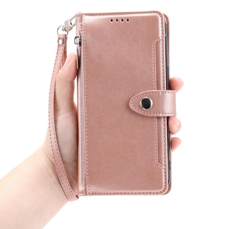 For iPhone 17 Litchi Texture Zipper Wallet Buckle Vegan Leather Phone Case with Wrist Strap