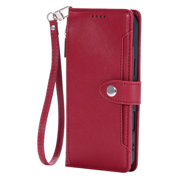 For iPhone 17 Litchi Texture Zipper Wallet Buckle Vegan Leather Phone Case with Wrist Strap