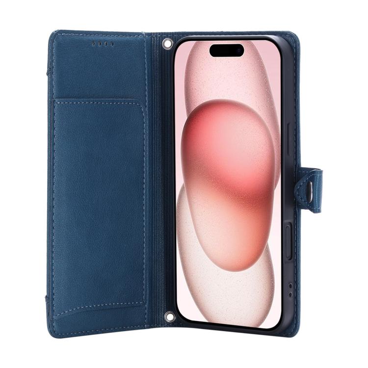 For iPhone 17 Litchi Texture Zipper Wallet Buckle Vegan Leather Phone Case with Wrist Strap