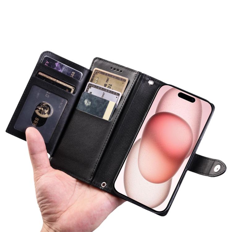 For iPhone 16 Pro Max Litchi Texture Zipper Wallet Buckle Vegan Leather Phone Case with Wrist Strap