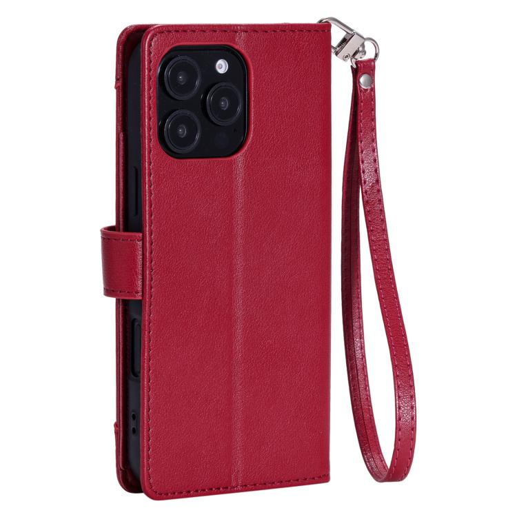 For iPhone 16 Pro Max Litchi Texture Zipper Wallet Buckle Vegan Leather Phone Case with Wrist Strap