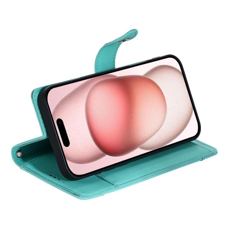 For iPhone 16 Pro Litchi Texture Zipper Wallet Buckle Vegan Leather Phone Case with Wrist Strap