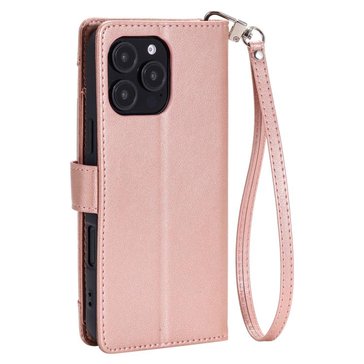 For iPhone 16 Pro Litchi Texture Zipper Wallet Buckle Vegan Leather Phone Case with Wrist Strap