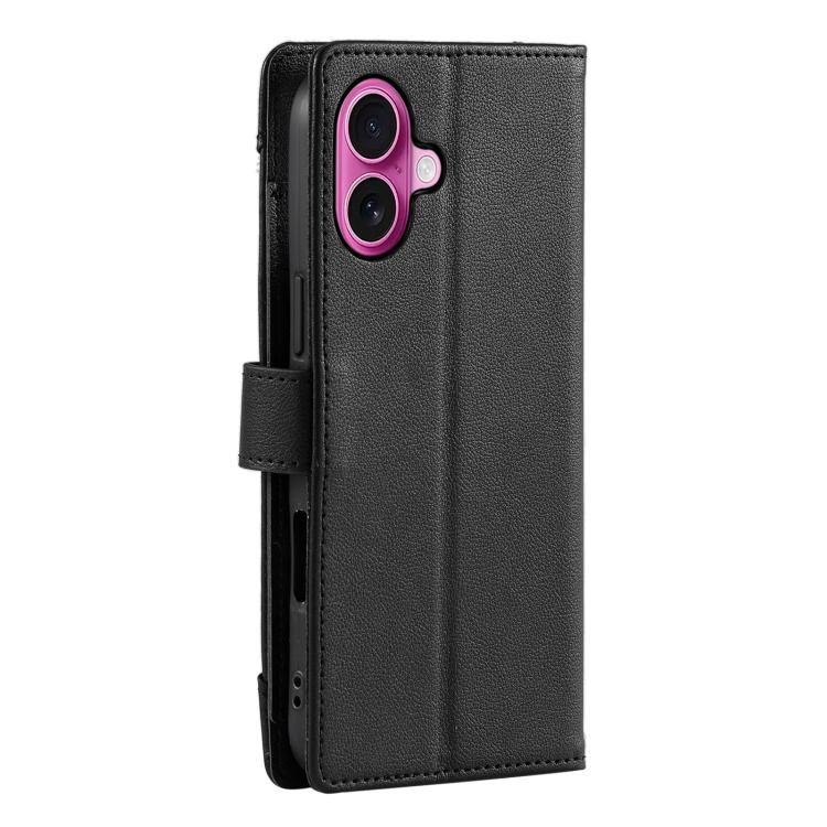For iPhone 16 Plus Litchi Texture Zipper Wallet Buckle Vegan Leather Phone Case with Wrist Strap