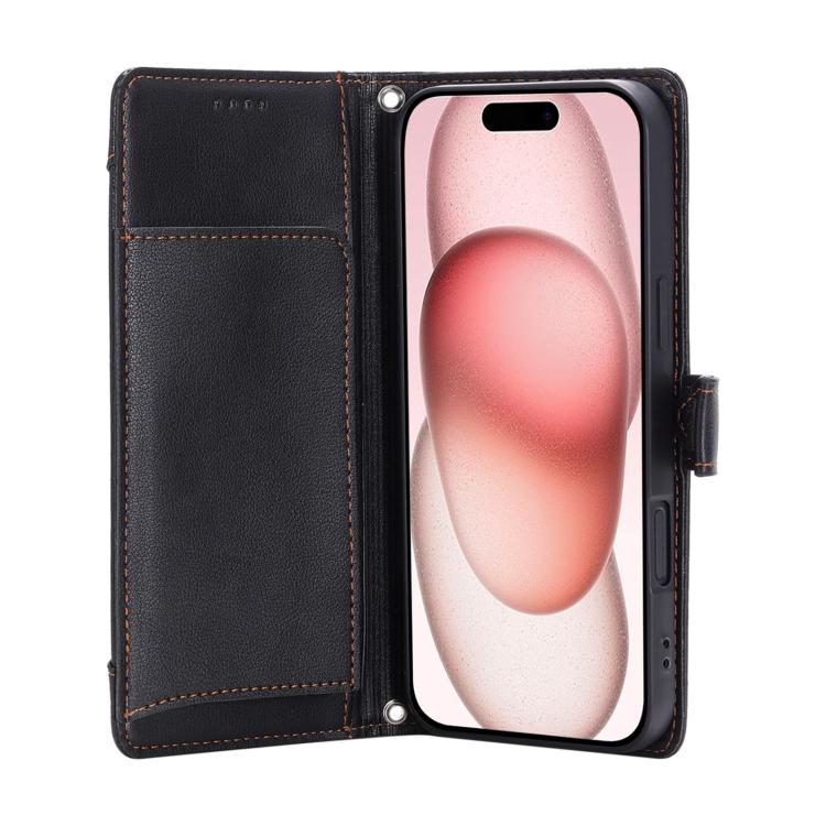 For iPhone 16 Plus Litchi Texture Zipper Wallet Buckle Vegan Leather Phone Case with Wrist Strap