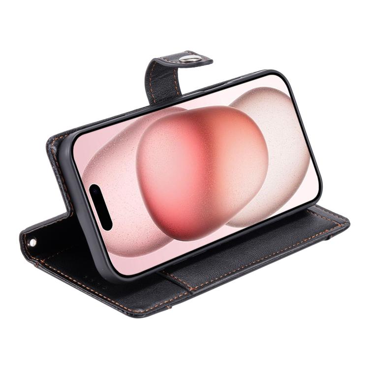 For iPhone 16 Plus Litchi Texture Zipper Wallet Buckle Vegan Leather Phone Case with Wrist Strap