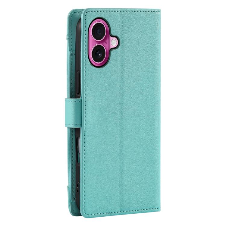 For iPhone 16 Plus Litchi Texture Zipper Wallet Buckle Vegan Leather Phone Case with Wrist Strap