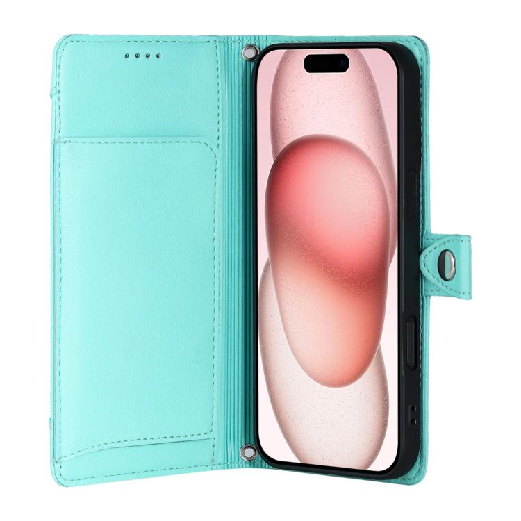 For iPhone 16 Plus Litchi Texture Zipper Wallet Buckle Vegan Leather Phone Case with Wrist Strap