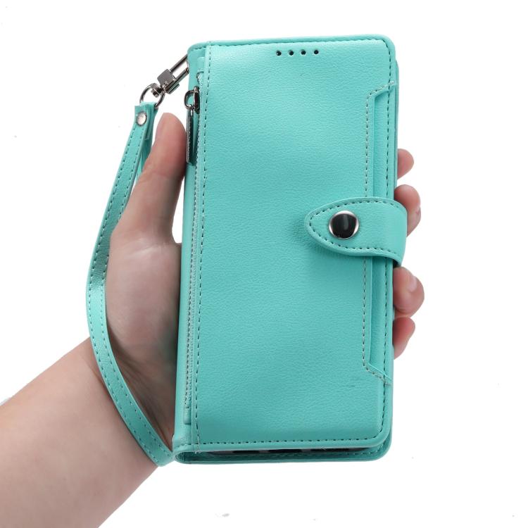 For iPhone 16 Plus Litchi Texture Zipper Wallet Buckle Vegan Leather Phone Case with Wrist Strap