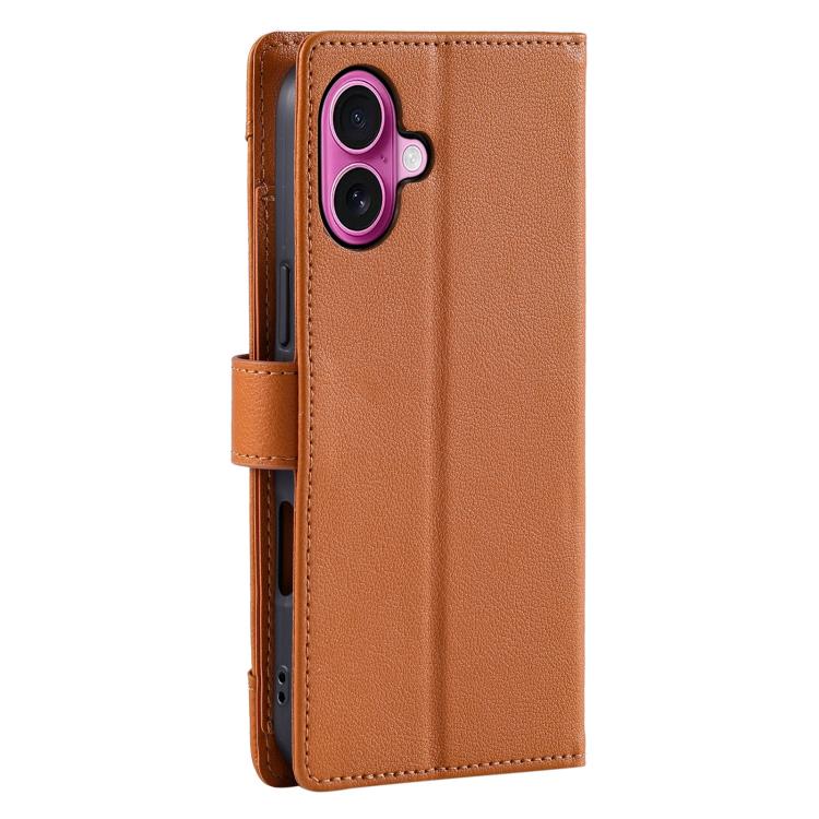 For iPhone 16 Plus Litchi Texture Zipper Wallet Buckle Vegan Leather Phone Case with Wrist Strap