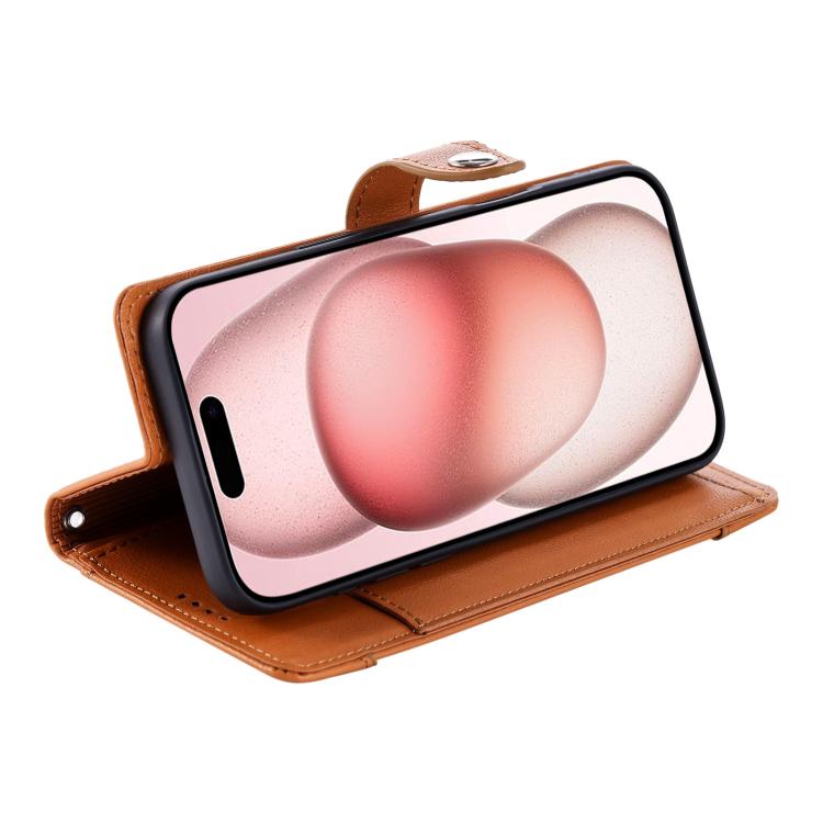 For iPhone 16 Plus Litchi Texture Zipper Wallet Buckle Vegan Leather Phone Case with Wrist Strap