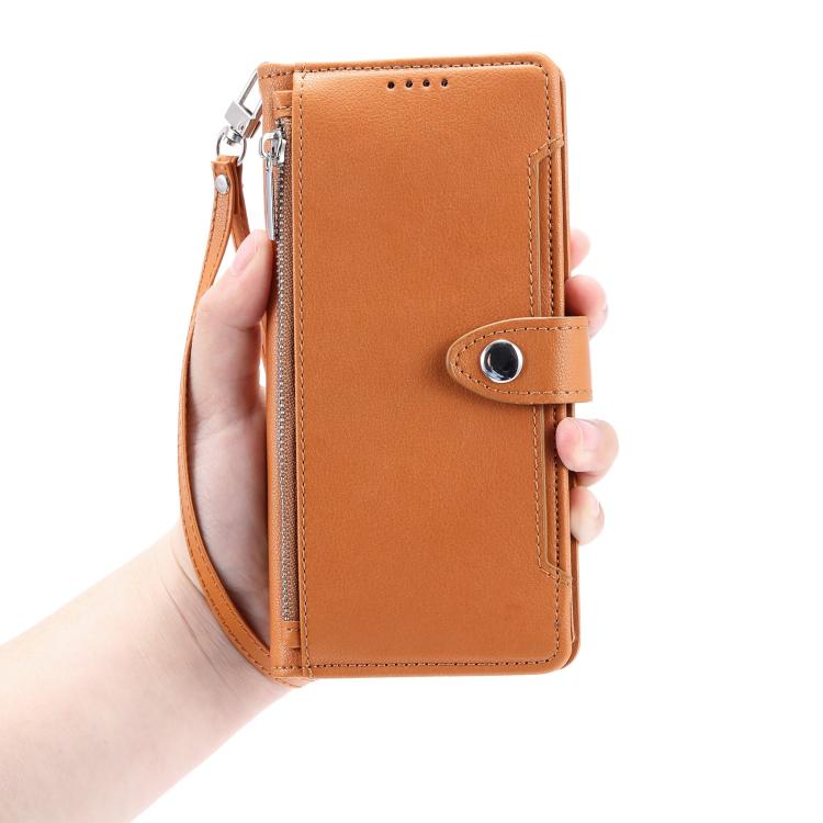 For iPhone 16 Plus Litchi Texture Zipper Wallet Buckle Vegan Leather Phone Case with Wrist Strap