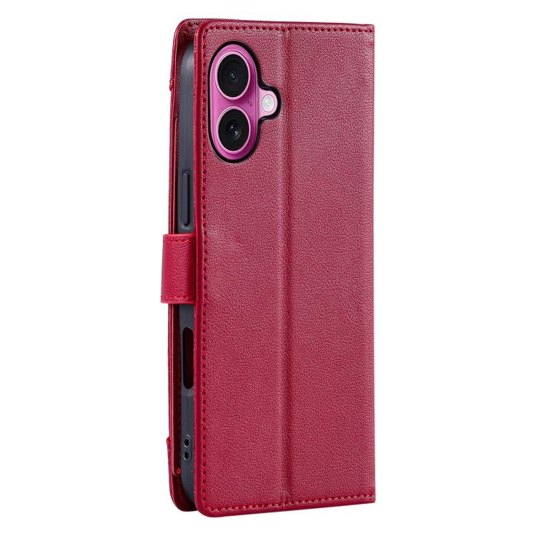 For iPhone 16 Plus Litchi Texture Zipper Wallet Buckle Vegan Leather Phone Case with Wrist Strap