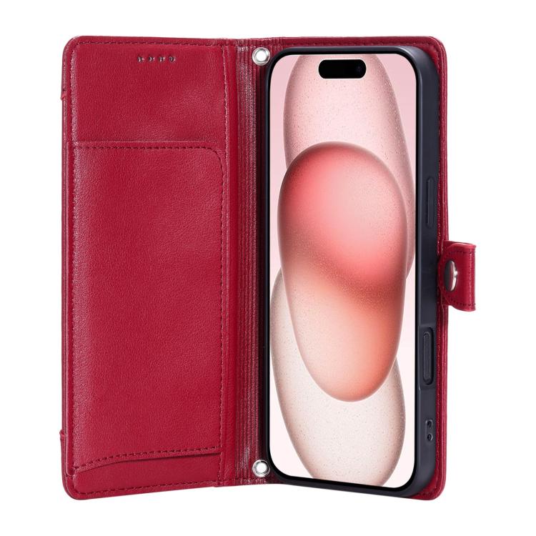 For iPhone 16 Plus Litchi Texture Zipper Wallet Buckle Vegan Leather Phone Case with Wrist Strap