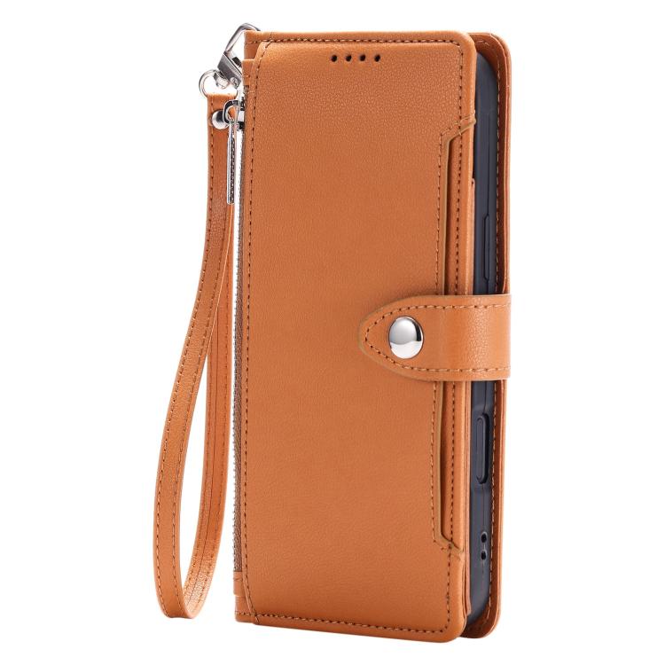 For iPhone 15 Pro Litchi Texture Zipper Wallet Buckle Vegan Leather Phone Case with Wrist Strap
