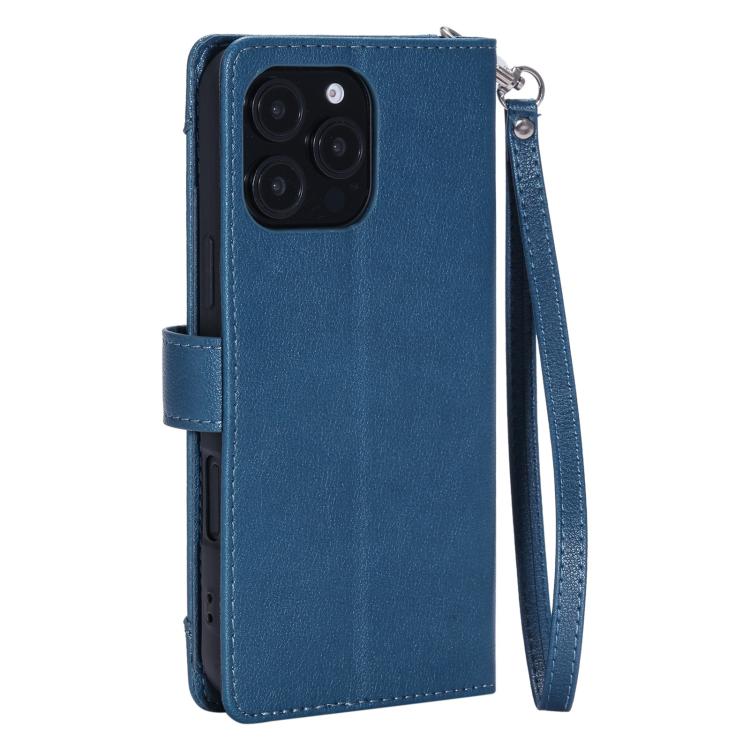 For iPhone 15 Pro Litchi Texture Zipper Wallet Buckle Vegan Leather Phone Case with Wrist Strap