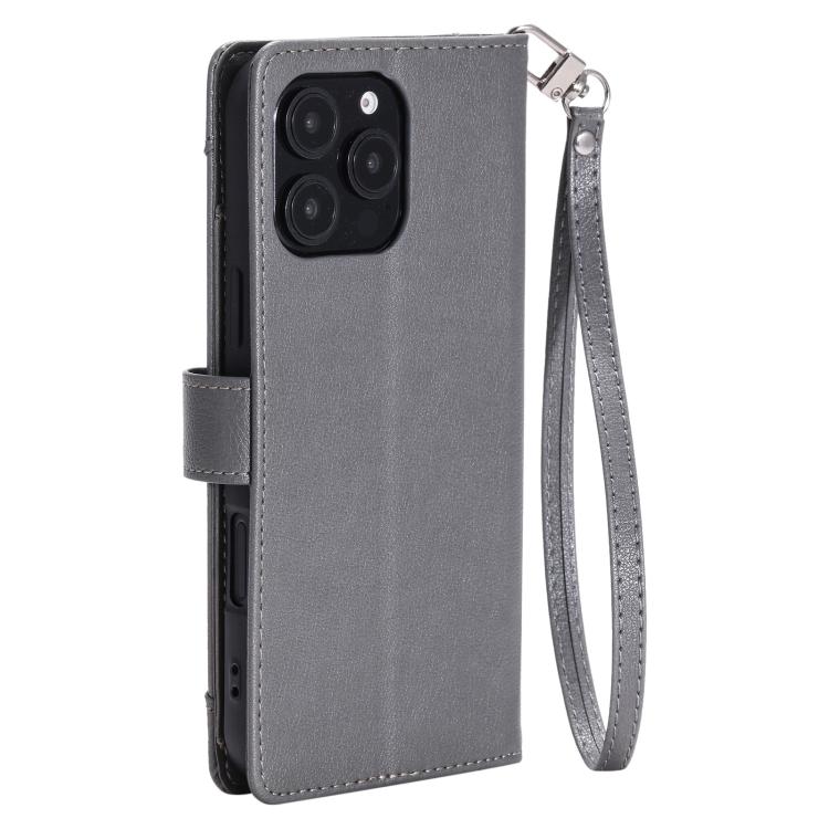 For iPhone 15 Pro Litchi Texture Zipper Wallet Buckle Vegan Leather Phone Case with Wrist Strap