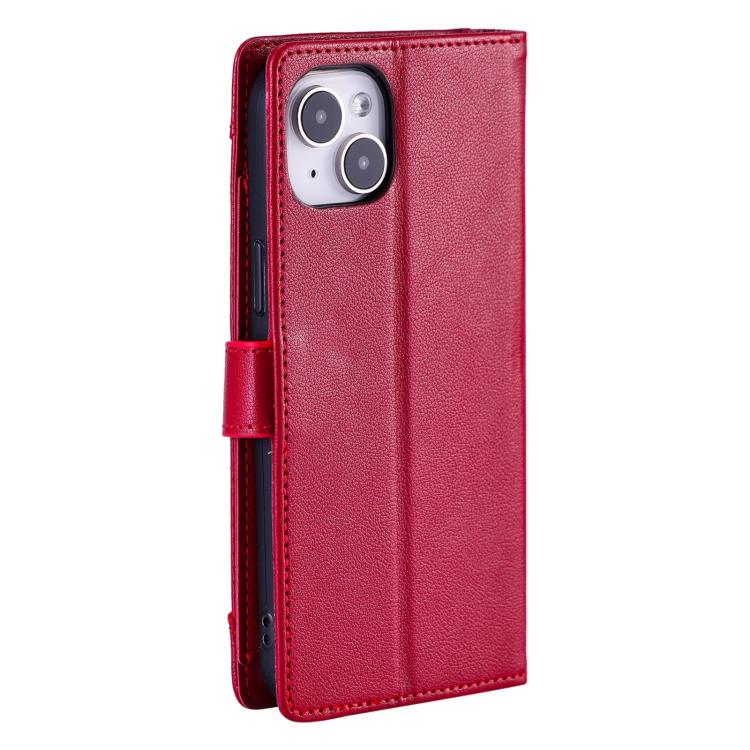 For iPhone 14 Litchi Texture Zipper Wallet Buckle Vegan Leather Phone Case with Wrist Strap