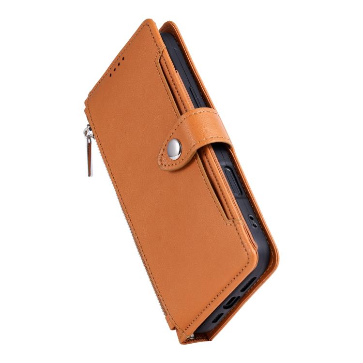 For iPhone 14 Pro Litchi Texture Zipper Wallet Buckle Vegan Leather Phone Case with Wrist Strap