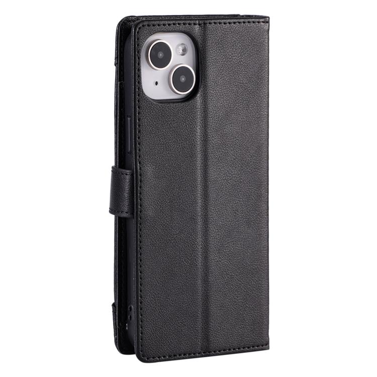 For iPhone 14 Plus Litchi Texture Zipper Wallet Buckle Vegan Leather Phone Case with Wrist Strap