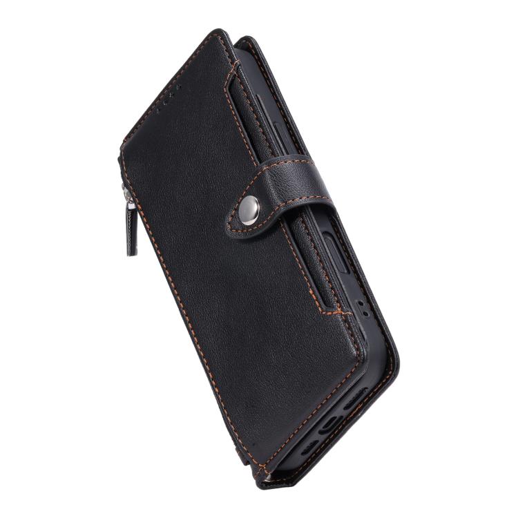 For iPhone 14 Plus Litchi Texture Zipper Wallet Buckle Vegan Leather Phone Case with Wrist Strap