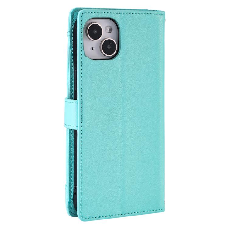 For iPhone 14 Plus Litchi Texture Zipper Wallet Buckle Vegan Leather Phone Case with Wrist Strap