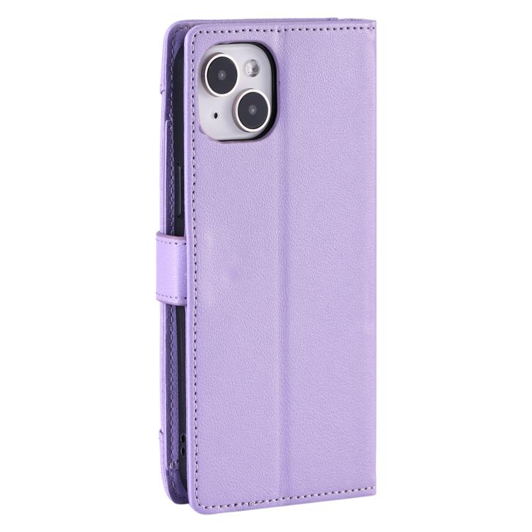 For iPhone 14 Plus Litchi Texture Zipper Wallet Buckle Vegan Leather Phone Case with Wrist Strap