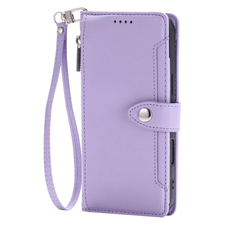 For iPhone 14 Plus Litchi Texture Zipper Wallet Buckle Vegan Leather Phone Case with Wrist Strap