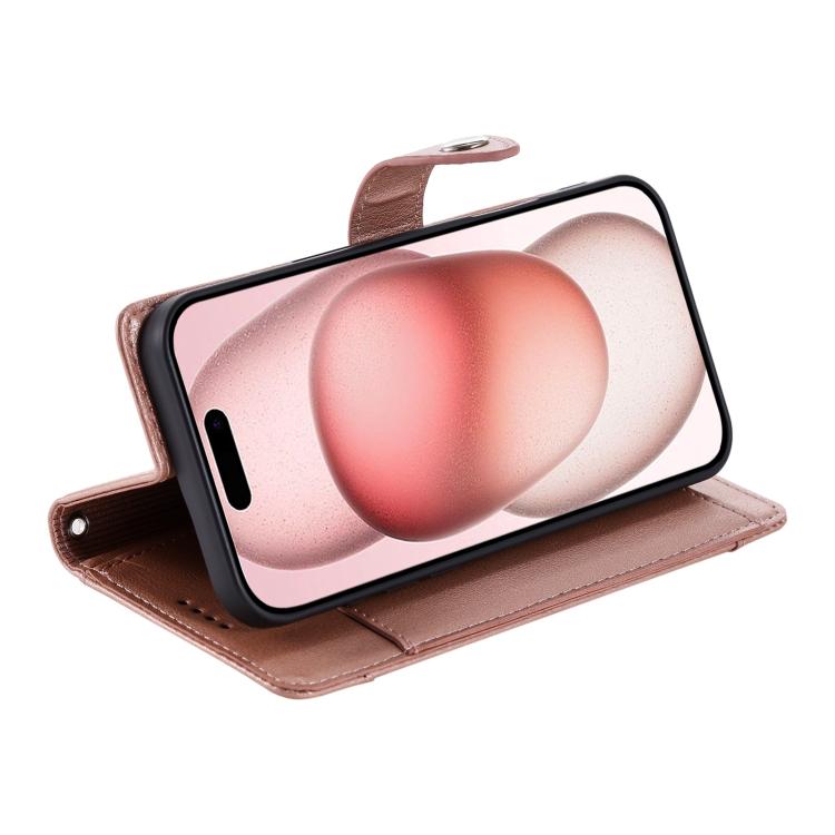 For iPhone 14 Plus Litchi Texture Zipper Wallet Buckle Vegan Leather Phone Case with Wrist Strap