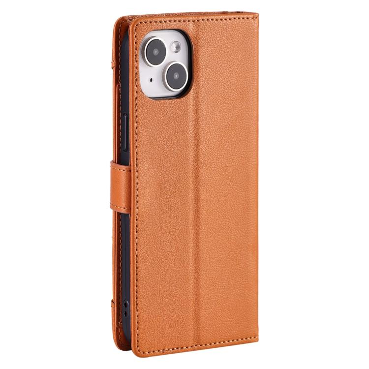 For iPhone 14 Plus Litchi Texture Zipper Wallet Buckle Vegan Leather Phone Case with Wrist Strap