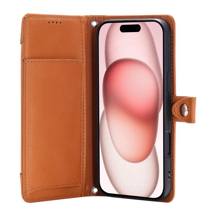 For iPhone 14 Plus Litchi Texture Zipper Wallet Buckle Vegan Leather Phone Case with Wrist Strap