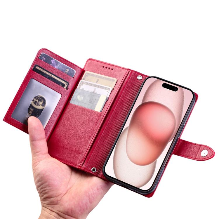 For iPhone 14 Plus Litchi Texture Zipper Wallet Buckle Vegan Leather Phone Case with Wrist Strap