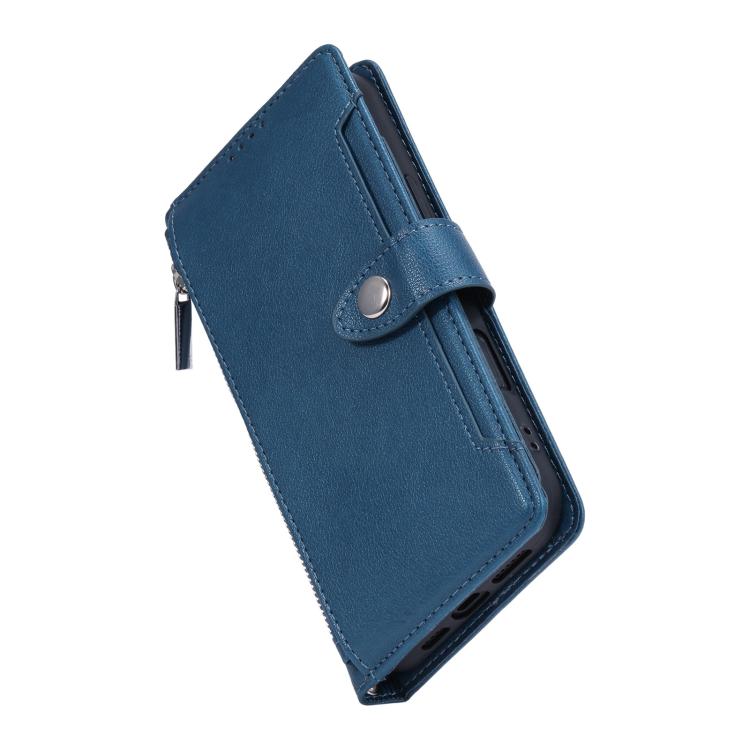 For iPhone 14 Plus Litchi Texture Zipper Wallet Buckle Vegan Leather Phone Case with Wrist Strap