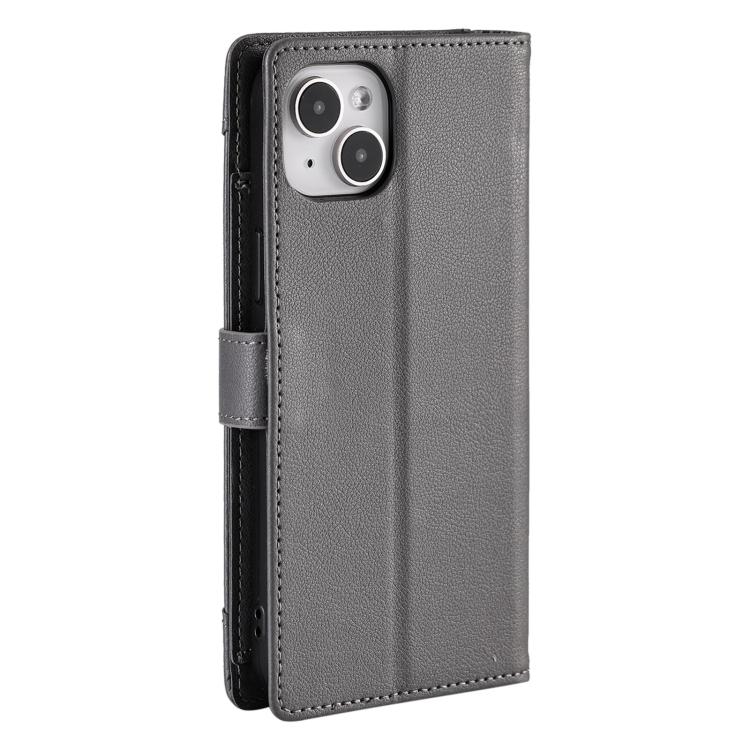 For iPhone 14 Plus Litchi Texture Zipper Wallet Buckle Vegan Leather Phone Case with Wrist Strap