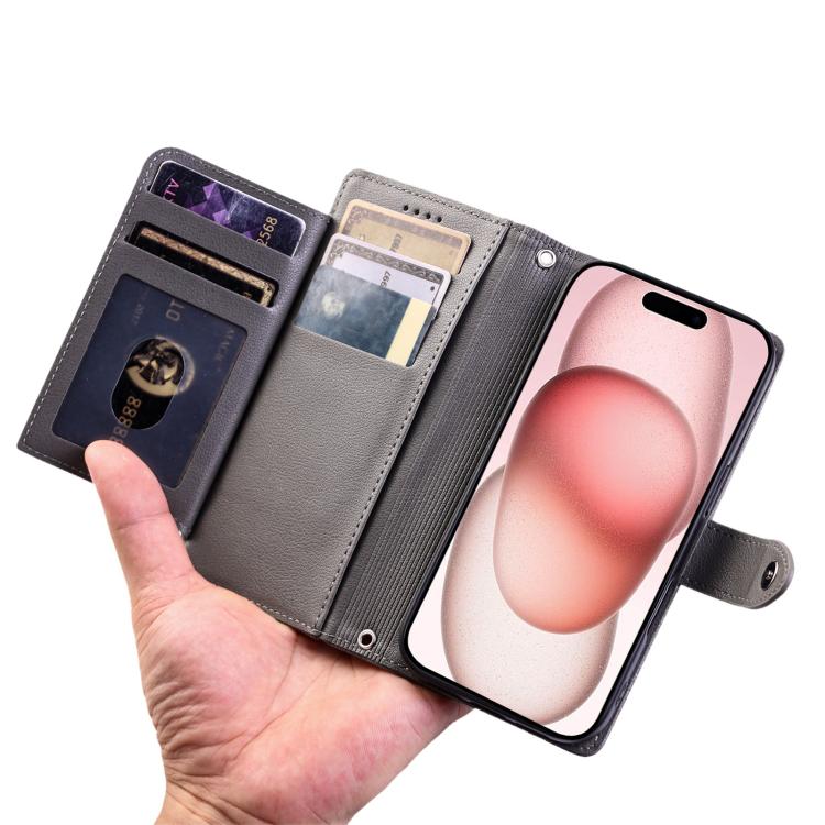 For iPhone 14 Plus Litchi Texture Zipper Wallet Buckle Vegan Leather Phone Case with Wrist Strap