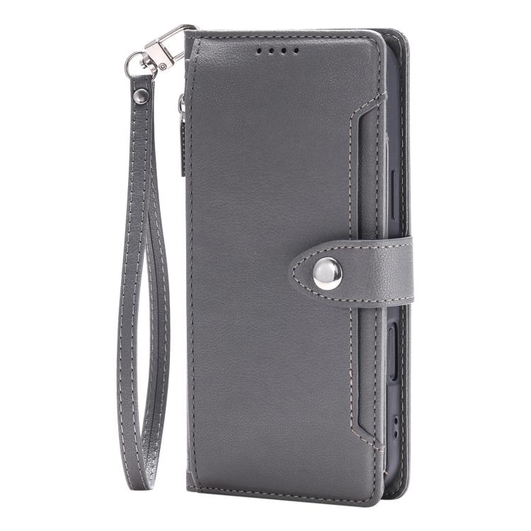 For iPhone 14 Plus Litchi Texture Zipper Wallet Buckle Vegan Leather Phone Case with Wrist Strap