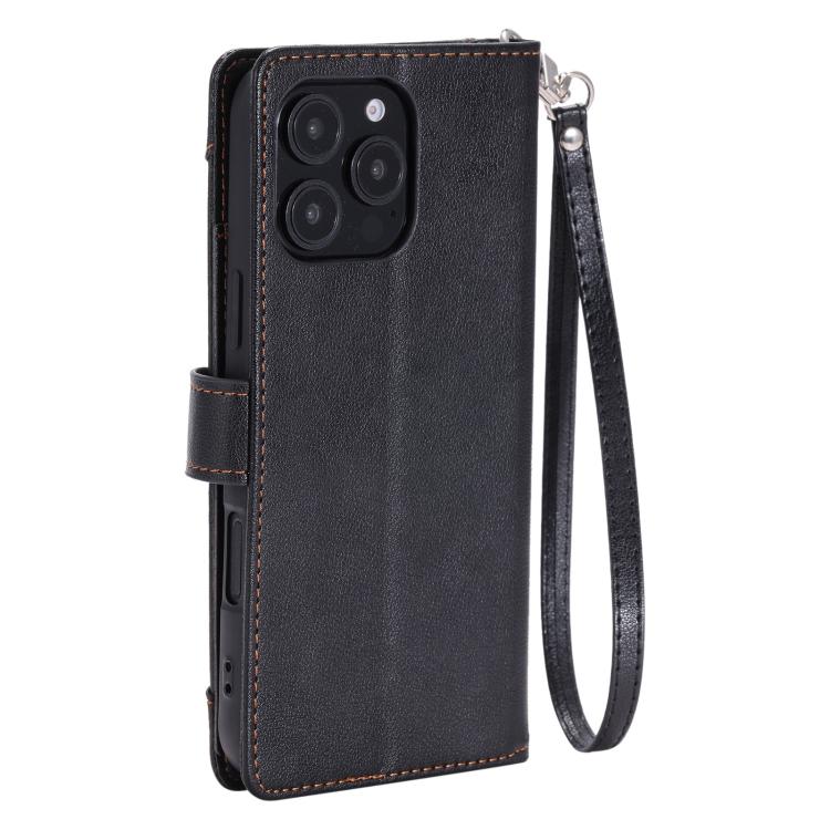 For iPhone 14 Pro Max Litchi Texture Zipper Wallet Buckle Vegan Leather Phone Case with Wrist Strap