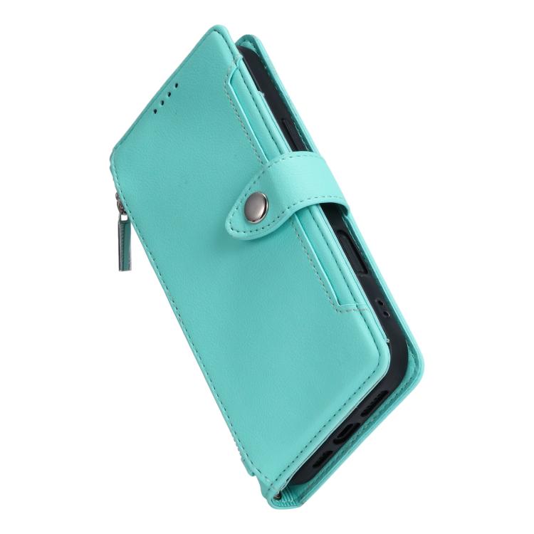 For iPhone 14 Pro Max Litchi Texture Zipper Wallet Buckle Vegan Leather Phone Case with Wrist Strap