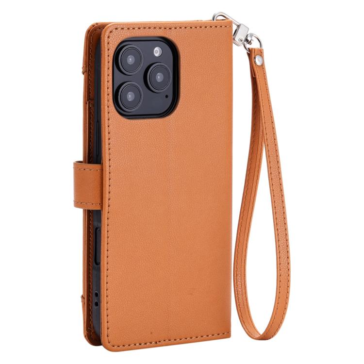 For iPhone 14 Pro Max Litchi Texture Zipper Wallet Buckle Vegan Leather Phone Case with Wrist Strap