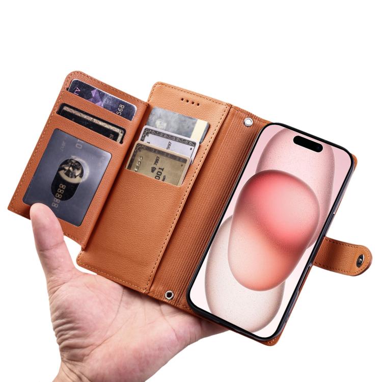For iPhone 14 Pro Max Litchi Texture Zipper Wallet Buckle Vegan Leather Phone Case with Wrist Strap
