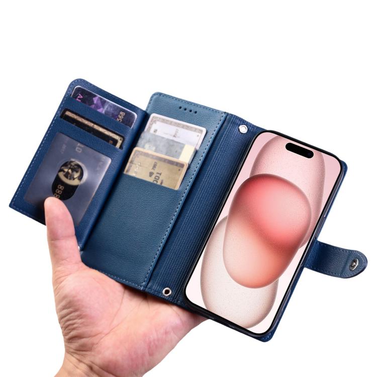 For iPhone 14 Pro Max Litchi Texture Zipper Wallet Buckle Vegan Leather Phone Case with Wrist Strap