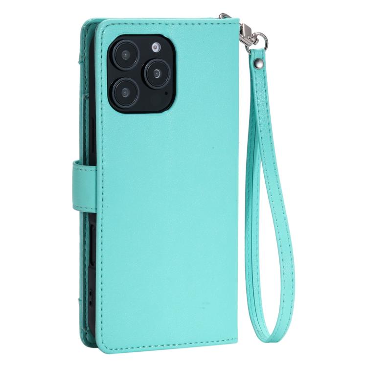 For iPhone 13 Pro Max Litchi Texture Zipper Wallet Buckle Vegan Leather Phone Case with Wrist Strap