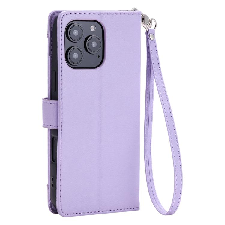 For iPhone 13 Pro Max Litchi Texture Zipper Wallet Buckle Vegan Leather Phone Case with Wrist Strap