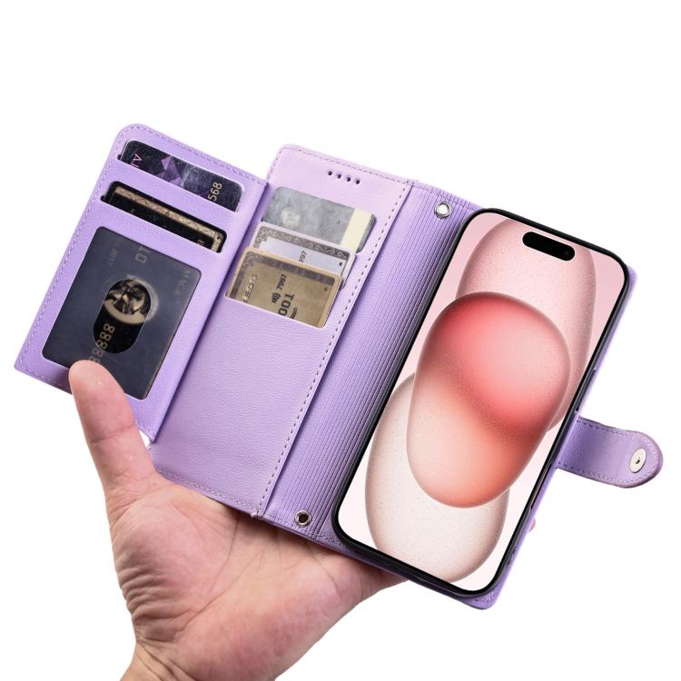 For iPhone 13 Litchi Texture Zipper Wallet Buckle Vegan Leather Phone Case with Wrist Strap