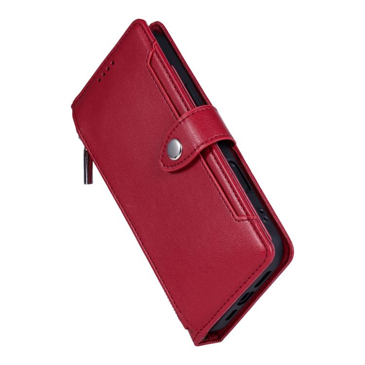 For iPhone 13 Litchi Texture Zipper Wallet Buckle Vegan Leather Phone Case with Wrist Strap